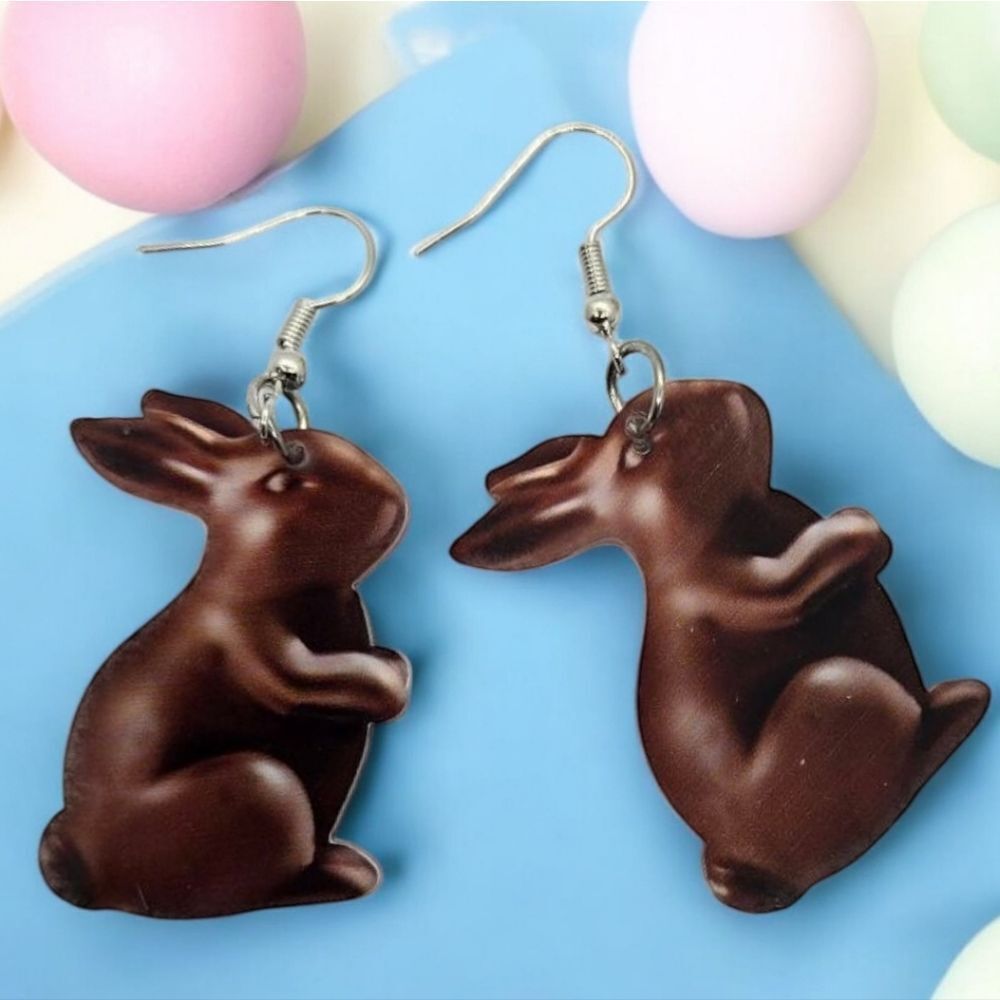 Chocolate Easter Bunny Earrings Rabbit Spring Acrylic Dangle Womens Food Jewelry